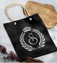 BK Gift Kişiye Özel Harfli Siyah Halat Saplı Kumaş Bez Çanta-7, Baskılı Omuz Çantası, Alışveriş Çantası