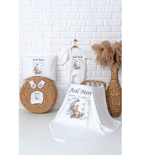Pia Baby Premium %100 Pamuk Hastane Çıkışı Tulumlu Yenidoğan Erkek Bebek Hediye Seti 5018-03 (Ekru)