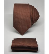 Bakır Rengi Mendilli Slim Fit Oxford Kuş Gözü Desen Kravat