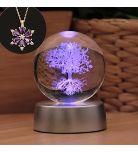 Renk Değiştiren Işıklı Tree Of Life Temalı Cam Küre 6cm Ve Lotus Kolye Hediyeli