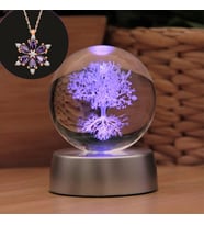 Renk Değiştiren Işıklı Tree Of Life Temalı Cam Küre 6cm Ve Lotus Kolye Hediyeli