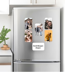 Kişiye Özel 5 Fotoğraflı ve İsim/Mesaj Yazılı 6'lı Buzdolabı Magnet Seti Resimli Magnet 6'lı Premium Anı Seti: 5 Favori Resim + 1 Özel Not Yazılı Magnet