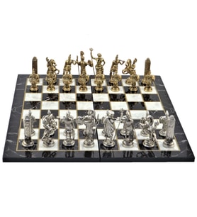 Gifthome, Metal Satranç Takımı / Seti; Battal,Yunan,Parlak, Kat.Mermer Desenli Satranç Tahtası