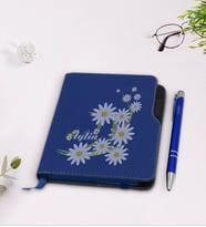 BK Gift Kişiye Özel Papatya Temalı Lacivert Termo Deri Defter Kalem Seti-1