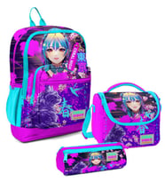 Coral High Kız Çocuk Üçlü İlkokul Okul Çanta Seti - Mor Pembe Anime Kedi