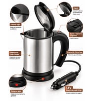 Araç İçi Kullanıma Uygun 12V Elektrikli Su Isıtıcı Paslanmaz Çelik Gövdeli Pratik Kettle