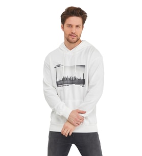 Kanguru Cepli Newyork Baskılı Kapüşonlu  Sweatshirt (Ekru)