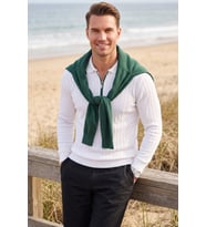 DeepSEA Erkek Slim Fit Tüylenmeyen Çizgi Dokulu Beyaz Triko Kazak – Fermuarlı Polo Yaka 2700401