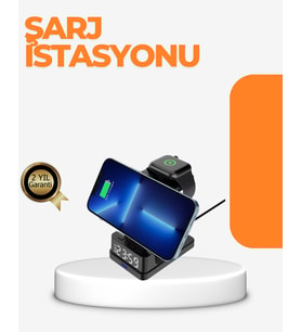 4’ü 1 Arada Kablosuz Şarj İstasyonu LED Saat Ekranlı, Akıllı Güvenlik Koruması