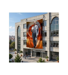 Atatürk Baston Ve Fotor Şapkasiyla Poster Bayrak Raşel Kumaş 6x9 metre ATA74