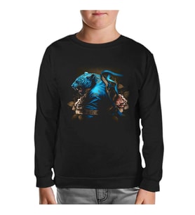 Blue Chinese Tiger with Flowers and Ribbon Siyah Çocuk Sweatshirt