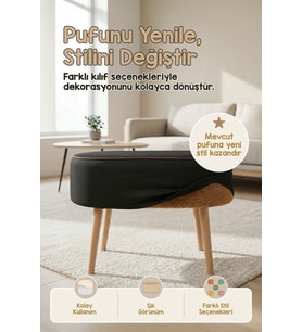Yıkanabilir Puf Tabure Kılıfı Tak-Çıkar-Değiştir-Yenile Orta Sehpa Kılıfı 59x37x17 Meek Siyah