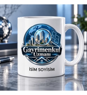 Gayrimenkul Uzmanı Kupa Bardak Mavi Büyüteç ve Bina Desenli