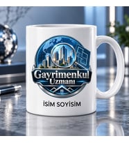 Gayrimenkul Uzmanı Kupa Bardak Mavi Büyüteç ve Bina Desenli