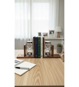 Ahşap Kitap Tutucu 2'li Set Kum Saatli Gümüş Renk Metal Lüks Ofis Kütüphane Kitaplık Desteği