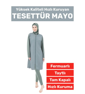 Özel Üretim Yüksek Kaliteli Konforlu Fermuarlı Taytlı Tam Kapalı Yüzücü Deniz Havuz TESETTÜR MAYO (Mint)