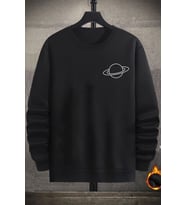 Unisex Saturn Baskılı Bisiklet Yaka Sweatshirt (Siyah)