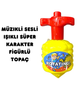 Müzikli Sesli Işıklı Süper Karakter Figürlü Topaç Oyuncak Kurmalı Fırdöndü Eğlenceli Haylaz Topaç (Sarı)