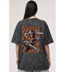 Mikasa Ackerman Attack On Titan Anime Baskılı Unisex Oversize Eskitme Yıkamalı Tişört