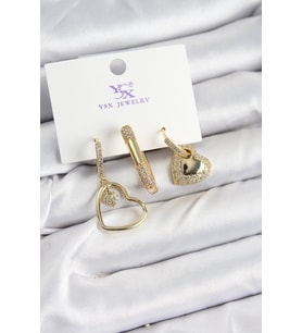 Pirinç Zİrkon Taşlı Kalp Model Gold Renk 3'lü Kadın Küpe - TJ-BKP10936