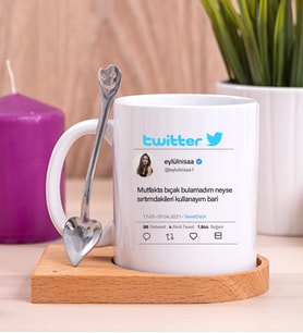 Kişiye Özel Twitter Tasarım Fotoğraflı Ahşap Altlıklı Beyaz Kupa Bardak