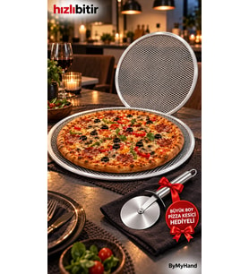 ByMyHand Metal Sanayi Tipi Profesyonel Pizza Tepsisi 2'li Set 32 36 Cm Pizza Kesici Hediyeli Büyük B
