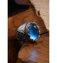 Blue Topaz Aqua Marin Taşlı Yanı Işlemeli Erkek Gümüş Yüzük