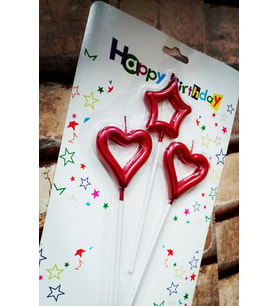 RED HEART CANDLE 2 ADET METALİK KIRMIZI KALPLİ PASTA MUMU 1 ADET YILDIZ MUM KALPLİ DOĞUM GÜNÜ MUMU