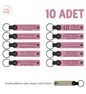 Pembe & S Kahve, Kına Gecesi Katılımcılarına, 10'lu Set, İsimli Hediyelik Deri Hatıra Anahtarlığı