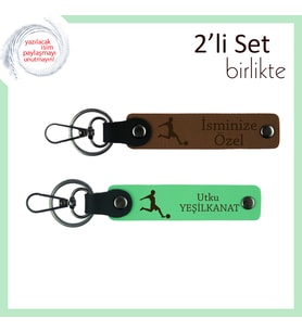 Erkek Kardeşe Futbol Figürlü Kişisel Hediye, Şık 2’li Deri Anahtarlık, Açık Kahve-Fıstık Yeşil