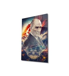 Atatürk Portre ve Türk Bayrağı Cam Tablo Modern Ev Ofis Salon Hediyelik Büyük Tablo Duvar Dekoru (Çok Renkli)