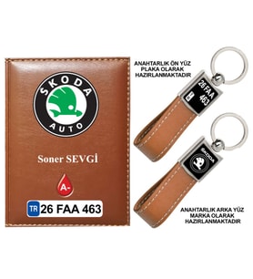 Plakanıza Özel Skoda Logolu Taba Ruhsat Kabı ve Anahtarlık