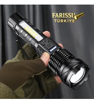 Şarjlı Taktik LED El Feneri – 7 Modlu, Zoom Özellikli, COB Yan Işıklı + Özel Kılıf Hediyeli