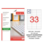 Tanex Lazer Etiket tw-2433 100 A4 Sayfa Laser Etiket  70 x 23 mm Boyutunda 1 A4 Sayfada 36 Etiket