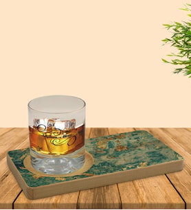 BK Gift Kişiye Özel Mermer Tasarımlı Doğal Ahşap Tabaklı Viski Bardağı Sunum Seti Model 9