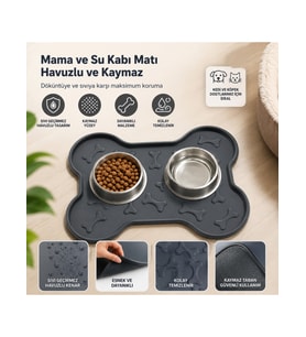 Kedi Köpek Mama Matı 45x35 cm Kaymaz Mama ve Su Kabı Altlığı Yıkanabilir Kemik Desenli Döküntü Önleyici