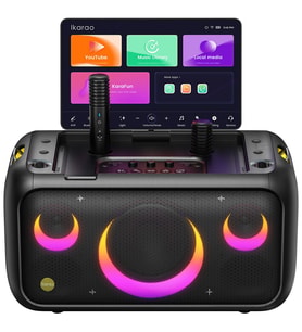 Ikarao Partybox Break X1 800W Karaoke Bluetooth Hoparlör Seti, 13.3" Dahili Tablet, 2 Kablosuz Gizlenebilir Otomatik Şarjlı Mikrofon, RGB Işıklı Taşınabilir Hoparlör