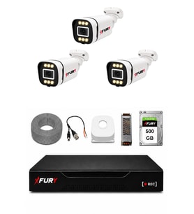 FURY 3 Kameralı 5MP Lens 1080P 6 Warm LED Renkli Gece Görüşlü Güvenlik Kamera Sistemi 500GB 1606