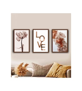 Love Duman Çiçek Sevgi Aşk Kalp Duvar dekorasyon Ahşap Tablo Seti 3'lü Çerçeve görünümlü (19x28 cm)