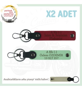 Motorcu İçin İsim Plaka ve A Rh (-) Kan Grubu Yazılı 2'li Anahtarlık Hediye Set, Kırmızı-Yeşil-SK (Çok Renkli)