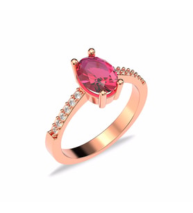 Oval Fuşya Taşlı Rose Gümüş Yüzük