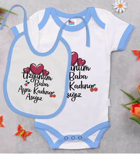 BK Kids Aynı Kadına Aşığız Tasarımlı Mavi Bebek Body Zıbın ve Mama Önlüğü Hediye Seti-1