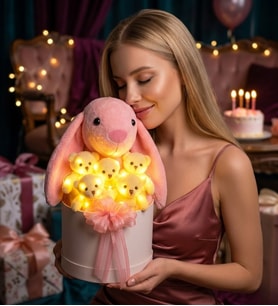 Premium Özel Kutuda, 45 cm Pembe Bunny Tavşan ve 5 Adet Krem LED Işıklı Peluş Ayıcık Buketi Sevgiliye Hediye