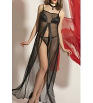 Transparan Fileli Uzun Babydoll Takım,Dantel Detaylı Gecelik,Tanga,Boyunluk 3'lü Set