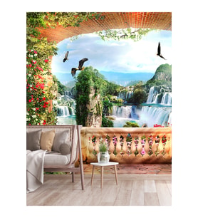 Dreamwall Şelale Manzaralı Balkon Desenli Tekstil Duvar Kağıdı (Çok Renkli)