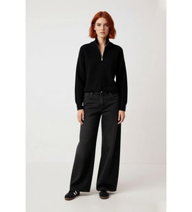 Kadın Basic Oversize Düşük Uzun Kollu Crop Fermuarlı Dik Yaka Triko Kazak Kışlık Rahat Stiller
