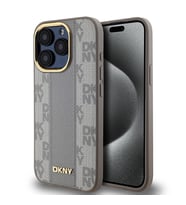 Apple iPhone 15 Pro Uyumlu Kılıf DKNY Orjinal Lisanslı M-safe Şarj Özellikli 3D Yazılı Checkered Pattern Kapak (Krem)