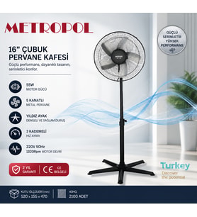 Metropol MP-1005-M 16" Ayaklı Vantilatör 55W Güçlü Motor ile 5 Kollu Metal Pervane