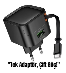 20W Hızlı Şarj Cihazı - PD ve QC 3.0 Destekli, Dahili Type-C Kablo, Çift Çıkışlı Adaptör