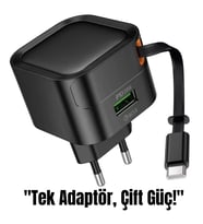 20W Hızlı Şarj Cihazı - PD ve QC 3.0 Destekli, Dahili Type-C Kablo, Çift Çıkışlı Adaptör